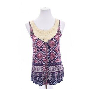 Tiny Anthropologie Womens Crochet Lace Bib Soutache Tank Top Batik Print Sz XS